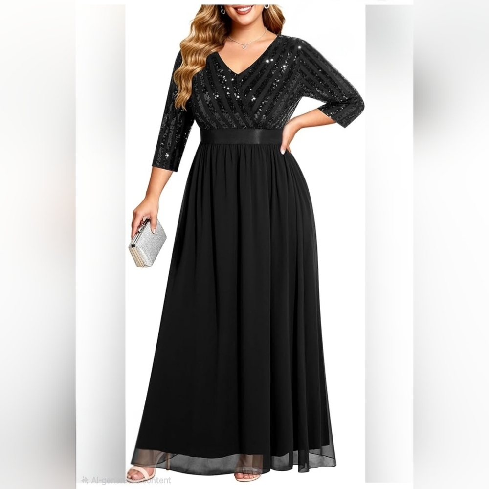 Chic Black Formal Sequin Maxi Dress Womens 14